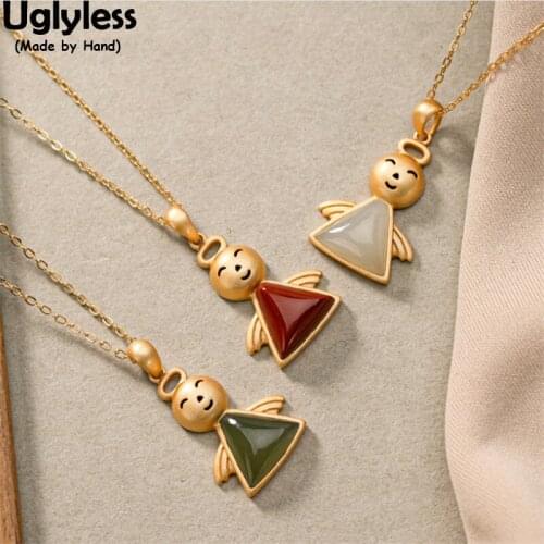 Uglyless Sunny Dolls Flying Angles Pendants Necklaces for Women Triangle Agate Jade Gifts for Girls 925 Silver Necklaces + Chain
