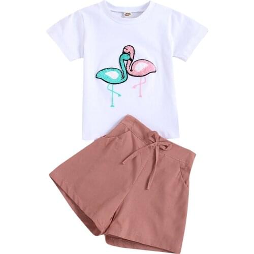 1-6Years Toddler Baby Girl Summer Outfit Grus Pattern Short Sleeve T-shirt Solid Shorts Drawstring Pocket