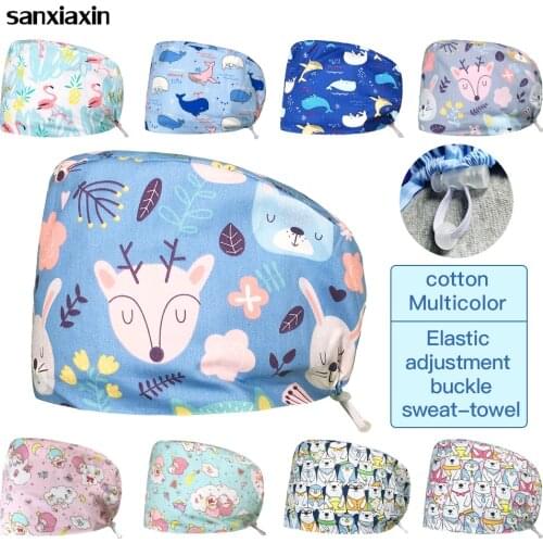 Health service scrub hat Elastic buckle cartoon animal printing pet grooming work hat Multicolor scrubs cap with sweat-absorbent
