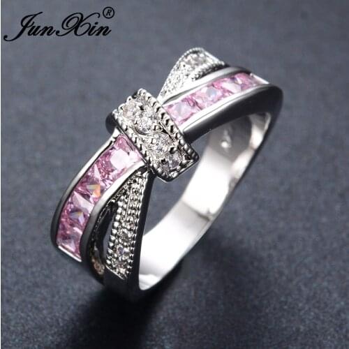 Cute Pink Small Square Zircon Ring Silver Color Bowknot Rings For Women Wedding Engagement Promise Ring Female Jewelry