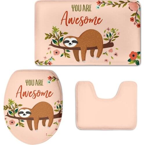 Home Bathroom Ground Mat Cute Cartoon Animal Sloth Pattern 3pcs/Set Toilet Seat Cover Soft Washroom Non Slip Rugs WC Accessories