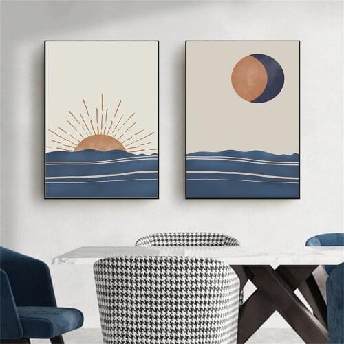 Boho Sun Moon Wall Art Poster Blue Sea Art Print Sunrise Landscape Canvas Painting Abstract Pictures Modern Living Room Decor