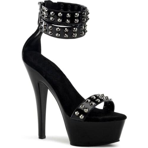The latest sexy black riveting, high platform, polyurethane 15cm high heels, pole dancing/dinner and dancing shoes