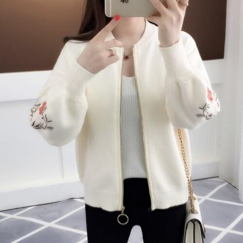 Of new fund of 2019 autumn outfit embroidered with a han edition zipper sweater knit cardigan loose womens female