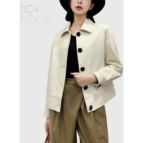 Novmoop genuine leather women spring autumn jacket simple chic french style office lady daily wear elegant Veste de cuir LT3491