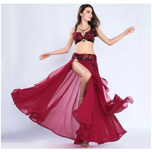 New Belly Dance Suit Set 3 Pcs (bra belt long skirt) Mesh + rhinestone Oriental skirt Set for Dancing outfit 8803