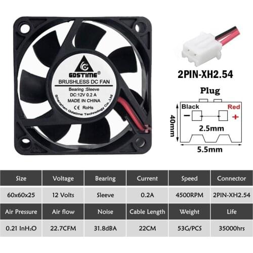 Gdstime 1 Piece DC 12V 6cm 60x60x25mm 6025 2Pin Plastic Machine Equiment Cooling Fan 60mm x 25mm PC Cooler