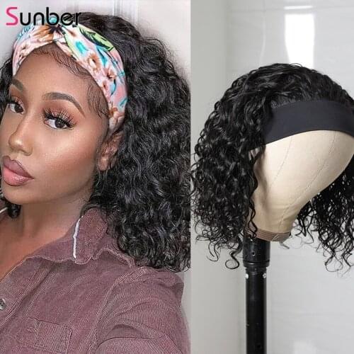 Sunber Short Bob Water Wave Headband Wig 150% density 10-14 Inches No Glueless Clip-in Peruvian Headband Wigs Human Hair