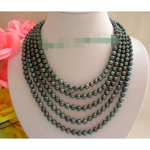 Popular long 100" 8mm round peacock black freshwater cultured pearls necklace