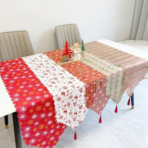 Christmas Linen Printed Table Runner With Tassel Snowflake Elk Tablecloth Table Layout Placemat New Year Christmas Decoration