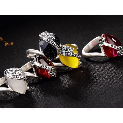 Silver, antique, auspicious, auspicious cloud, mosaic, garnet, red and blue sand, stone ring, wholesale female ring