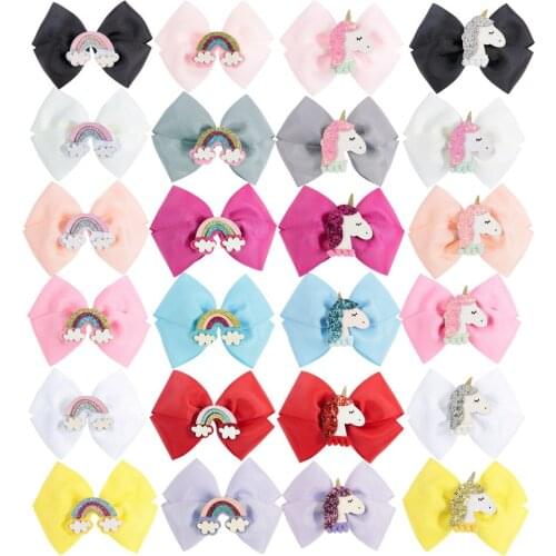 5.2" Handmade Baby Toddler Rainbow Hair Bows Grosgrain Boutique Glitter Unicorn Horn Hair Clips Kids Newborn Birthday Gift