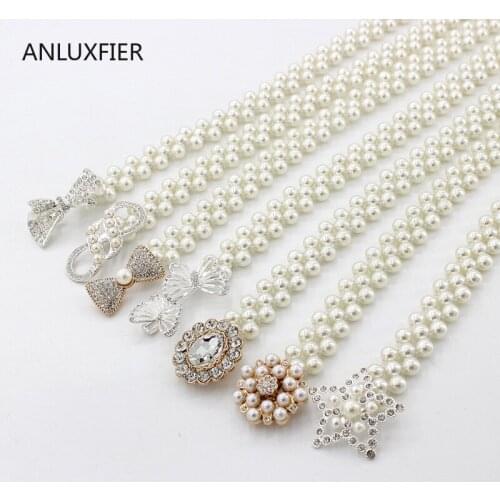 H9812 Pearl Thin Waist Chain Korean Fashion Elastic Belt Women Rhinestone Decoration Elegant Waist Seal Girl White Luxury Girdle