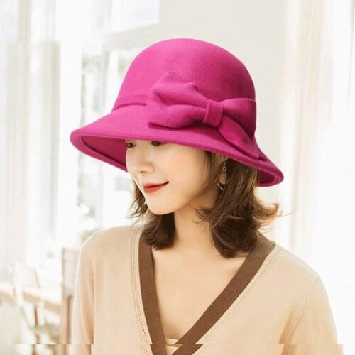 Top Hat Women 2021 Autumn Winter New Fashion Bow Flat Felt Wide Brim Fedora Jazz Cap Classic Bowler Gambler Warm Pot Top Hat