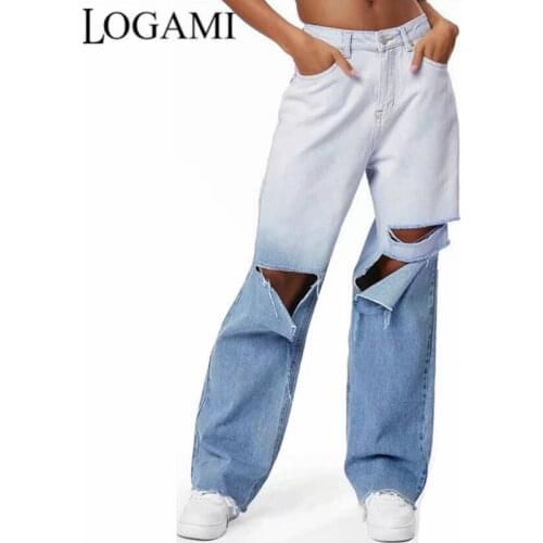 LOGAMI Gradient Loose Hole Jeans Woman High-waist Straight Denim Trousers Women Tie Dye Boyfriend Jeans