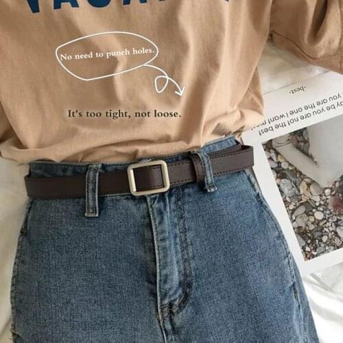 Women Leather Belt Square Buckle No-hole Jeans Pants Belt Simple Vintage Students Waistband
