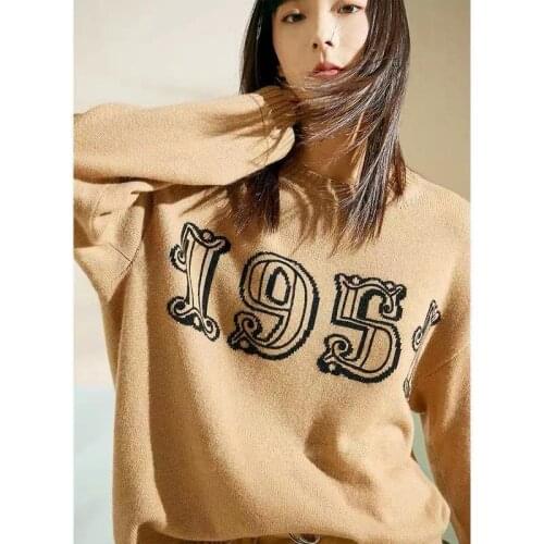 Women Sweater Pullover Long Sleeve O-Neck Letter Print 100% Cashmere Loose Top Quality Elegant High Street Chic Stunning Fashion