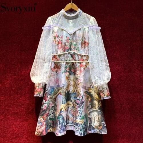 Svoryxiu Designer Autumn Vintage Short Dress Womens Lace Transparent Lantern Sleeve Beaded Cartoons Print Fashion Dresses