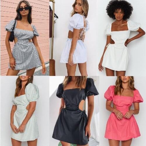 2021 Summer New Sexy Backless Temperament Womens 6-Color Square Collar Lace-Up Hollow Out Puff Sleeve A-Line Dress Femme Robe
