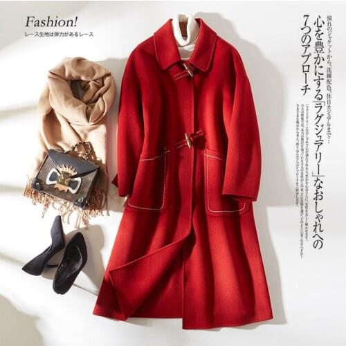 Winter Coat Women New Fashion Cashmere Wool Coat Long Thick Warm Horn Button Woolen Jacket Female Windbreaker Outerwear