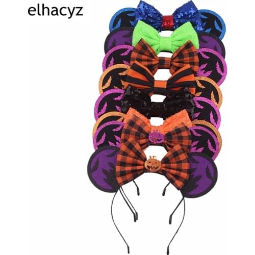 10pcs/lot Halloween Festival 5'' Sequin Bow Headband 3.3'' Kids Mouse Ears Hairband DIY Boutique Hair Accessories