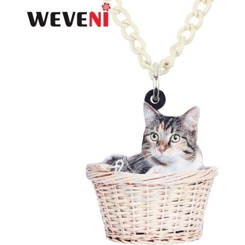 WEVENI Acrylic Basket Kitten Cat Necklace Pendant Collare Collier Cartoon Animal Pets Jewelry For Women Girls Gift Dropshipping