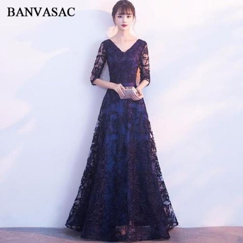 BANVASAC 2018 V Neck A Line Lace Embroidery Long Evening Dresses Elegant Sash Party Half Sleeve Backless Prom Gowns