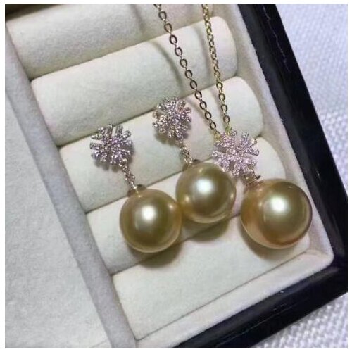 Free shipping Jewelry huge 10-11mm south sea round gold pearl necklace 14