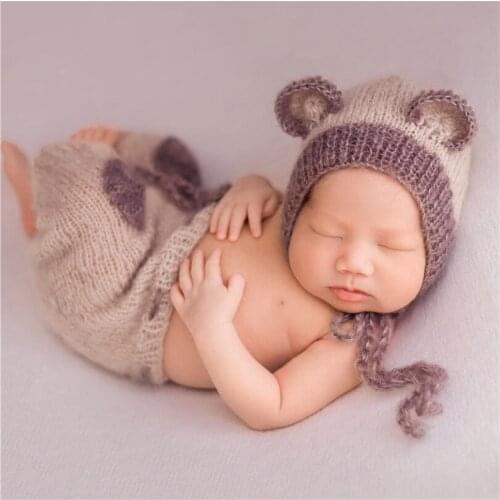Beige Newborn Bear Outfit Baby Boy Photography Hat Crochet Pocket Pants Bonnet Set Lovely Newborn Animal Clothes Knitted Props