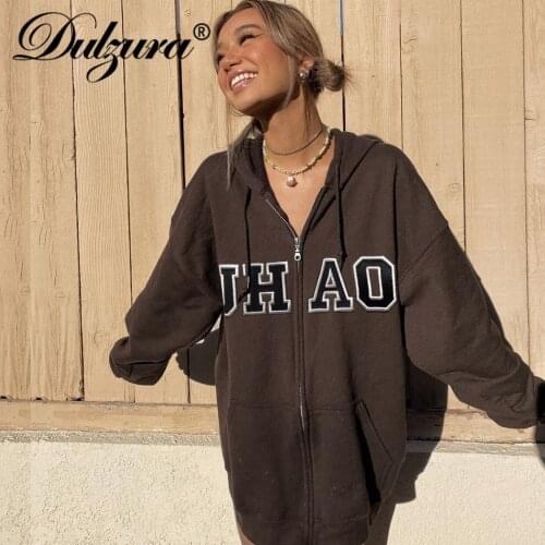 Dulzura Letter Embroidery Women Long Sleeve Zipper Hoodie Loose Casual Oversized Sweatshirt 2021 Autumn Winter Coats Jacket