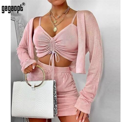 Gagaopt 3 Pcs/Set Women Sexy Winter Crop Tops Coat Shorts Ladies Tracksuit Casual Sportswear Outfits