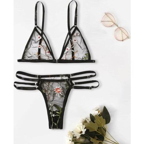 Erotic Lingerie Set Flower Embroidery Black Transparent Underwear Babydoll Sleepwear for Women Fashion Bielizna Erotyczna