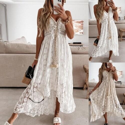 Lady Maxi Lining Summer Cotton Dress Spaghetti Strap V Neck Bow Tie Women Dress Solid Color White Lace Fake 2 Piece Sundress D30