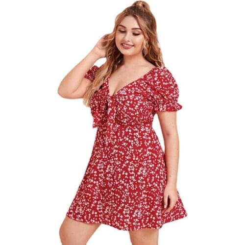 Summer Fashion Floral Short Skirt Sexy V-neck Tie Bowknot Plus Size Women Short-sleeved Mini Dress A-line Skirt -40