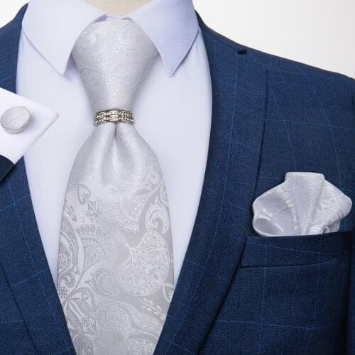 Fashion 8cm Neckties Men White Floral Paisley Silk Jacquard Woven Wedding Party Tie Pocket Square Cufflinks Ring 4pc Set DiBanGu