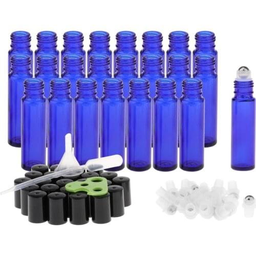 24Pcs 10ml Empty Glass Roll On Bottle Essential Oil Roller Bottles Opener Funnels for Essential Oil Perfume Liquid Refillable