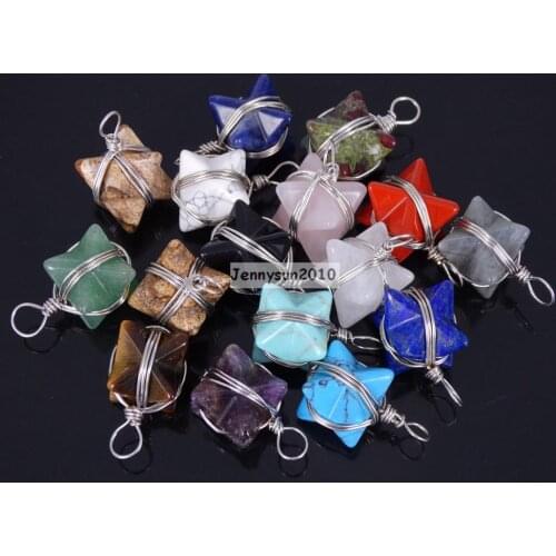 Natural Gems Stone Reiki Chakra Merkaba Healing Pendant Charm Beads Wire Wrap Jewelry Design 10Pcs/Pack