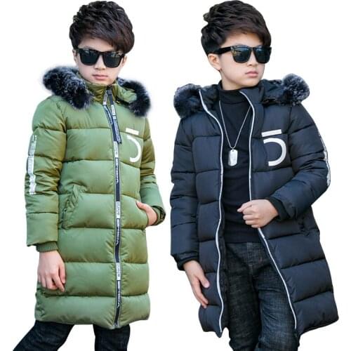 Boys new winter mid-length cotton jacket boy print 5 character fur collar hooded cotton jacket boy thick warm cotton jacket