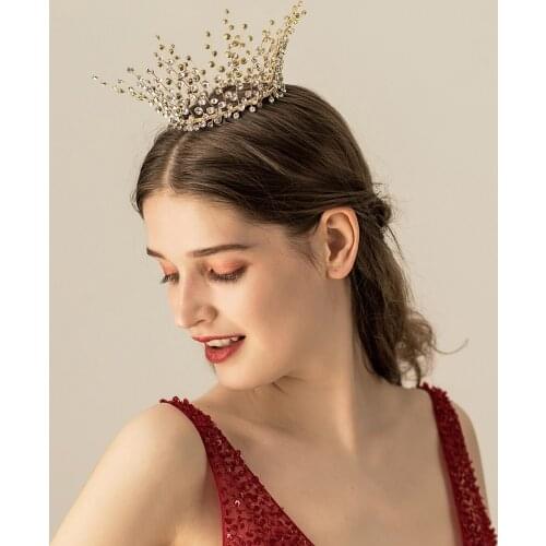 Luxury Elegant Bridal Headdress Golden Alloy Crystal Rhinestone Handmade Round Crown Hair Hoop for Wedding Perform Studio O575