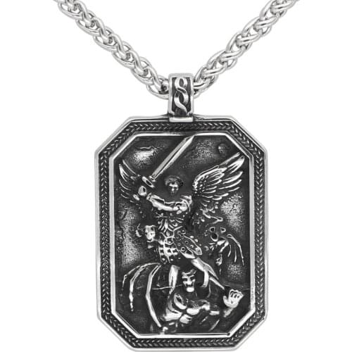 ST.MICHAEL ARCHANGEL CROSS SHIELD PRAYER MEDAL Amulet Stainless Steel NECKLACE