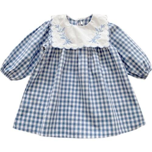 Girls Casual Dresses Autumn Embroidery Plaid Pattern Dresses for Children Kids