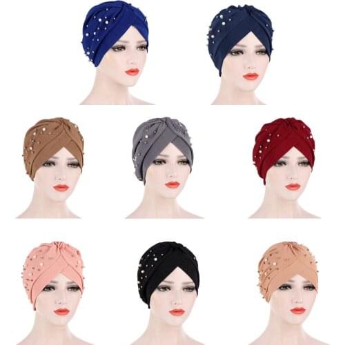 2020 Muslim Women Ruffle Beading Turban Hats India Cap Head Wrap Female Stretch Headscarf Bonnet Islamic Inner Hijab Cap Fashion