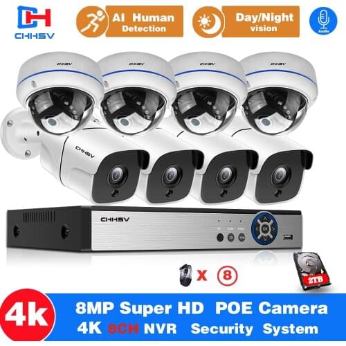 AI Smart 8MP System 16CH 4K POE CCTV Security NVR Kit Motion Detection Audio Record Outdoor IP Camera Surveillance System