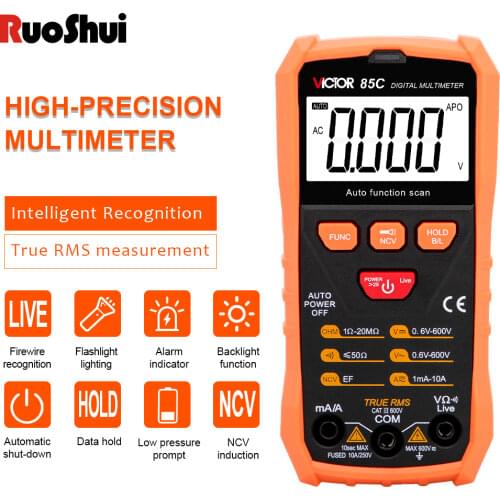 Victor 85C Multimeter 6000 Count Automatic AC/DC Voltage Continuity NCV Smart Tester True Rms Flashlight Tranistor Digital Meter