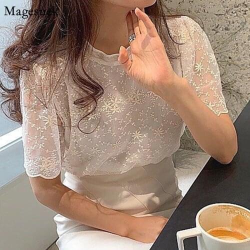 Korean Summer Short Sleeve Lace Tops Women Stand Collar Floral Embroidery Womens Shirts Fashion Elegant Blouse Blusas New 14400