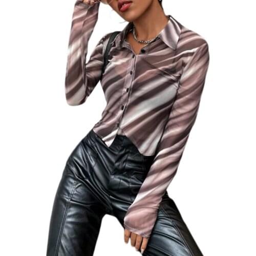 Women’s Button Down Shirts, Sexy Long Sleeve Striped Print Sheer Mesh Lapel Tops
