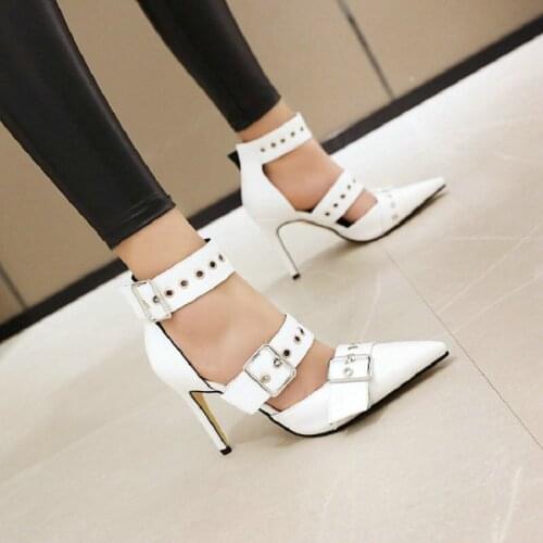 Sianie Tianie 2020 pointed toe ladies pumps punk rock buckle strap mary janes high heels woman shoes sexy white female sandals