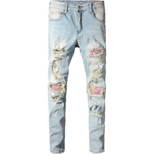 American Street Fashion Men Jeans Retro Light Blue Elastic Slim Fit Ripped Jeans Men Destroyed Patch Designer Hip Hop Punk Pants
