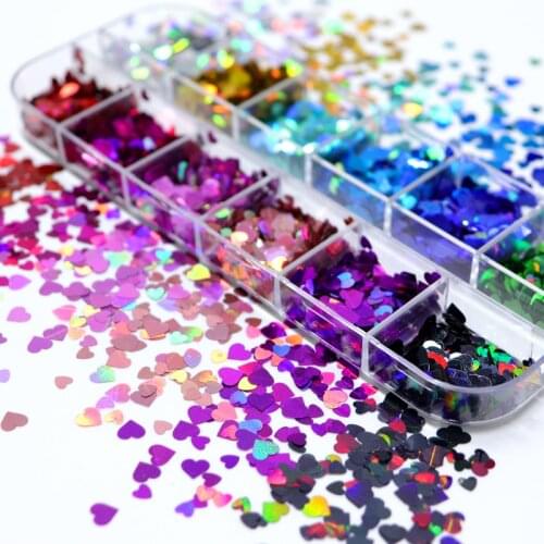 12 Grid/set Fluorescence Sparkly Sweet Love Heart Glitter 3D Colorful Nail Art Sequins Slices Flakes Polish Manicure Decorations