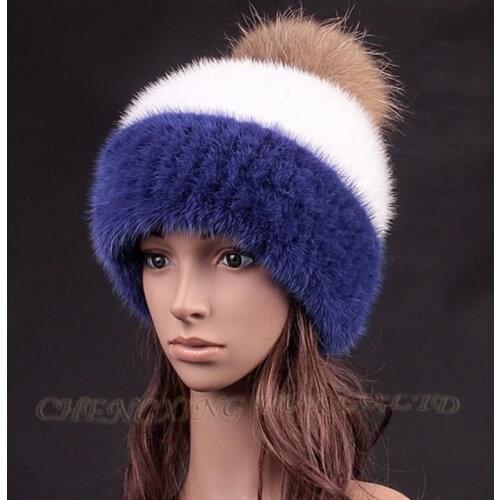 CX-C-235K Girls Winter New Fashion Knitted Mink Fur Hat With Fur Ball Top